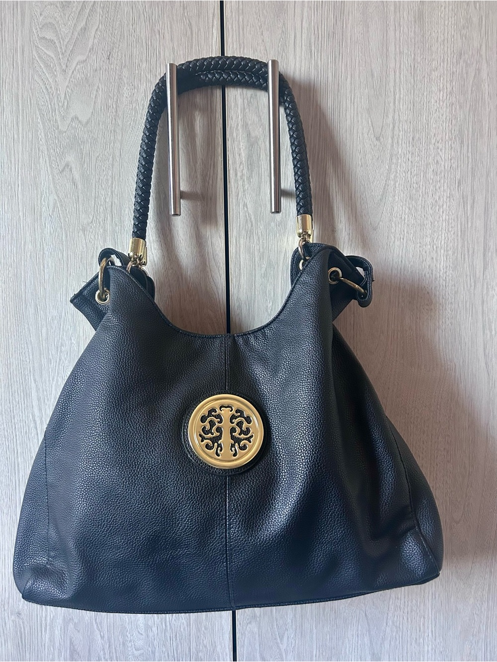 Black Slouchy Boho Hobo Bag Woven Handle Tree Emblem